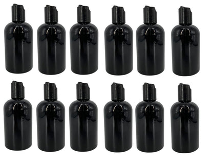 Natural Farms 4 oz Black Boston Plastic Bottles - 12 Pack Empty Refillable BPA Free Bottles with Black Press Down Disc Caps - Made in USA for Essential Oils, Aromatherapy