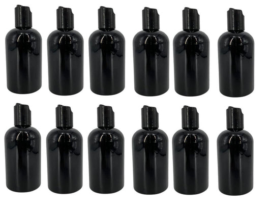 Natural Farms 4 oz Black Boston Plastic Bottles - 12 Pack Empty Refillable BPA Free Bottles with Black Press Down Disc Caps - Made in USA for Essential Oils, Aromatherapy