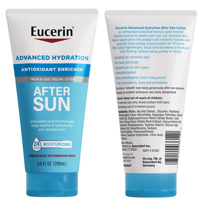 Eucerin Advanced Hydration After Sun Lotion for Face and Body, 6.8 Fl Oz – 24-Hour Moisture for Dry, Sun-Stressed Skin with Antioxidants