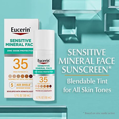 Eucerin Sun Tinted Sensitive Mineral Face Sunscreen Lotion SPF 35, Non-Comedogenic Mineral Sunscreen with Gentle Zinc Oxide Protection for Sensitive Skin, 1.7 Fl Oz Bottle Avelisse
