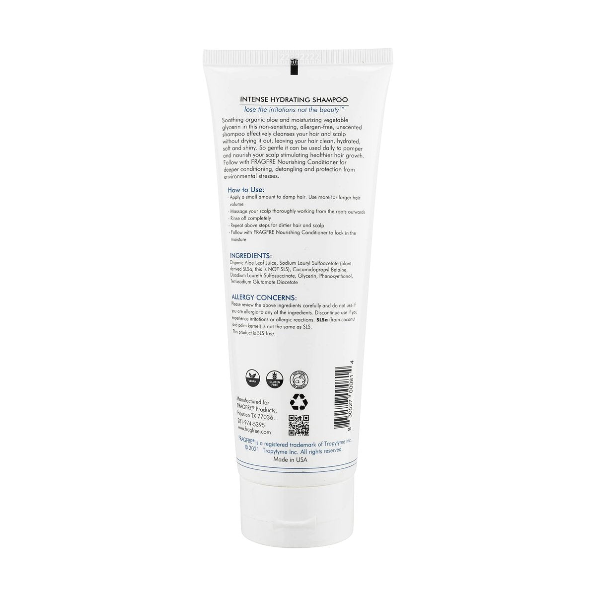 FRAGFRE Intense Hydrating Shampoo 8 oz - Fragrance Free Hypoallergenic Sulfate Free Moisturizing Shampoo for Sensitive Scalps & Color-Treated Hair Avelisse