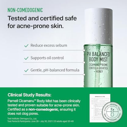 Parnell Cicamanu pH Balanced Body Mist - Centella Asiatica, Hyaluronic Acid, Ceramide, LHA, PHA - Mild Exfoliating, Soothing & Moisturizing Mist for Body (5.07 Fl Oz / 150ml)