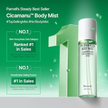 Parnell Cicamanu pH Balanced Body Mist - Centella Asiatica, Hyaluronic Acid, Ceramide, LHA, PHA - Mild Exfoliating, Soothing & Moisturizing Mist for Body (5.07 Fl Oz / 150ml)