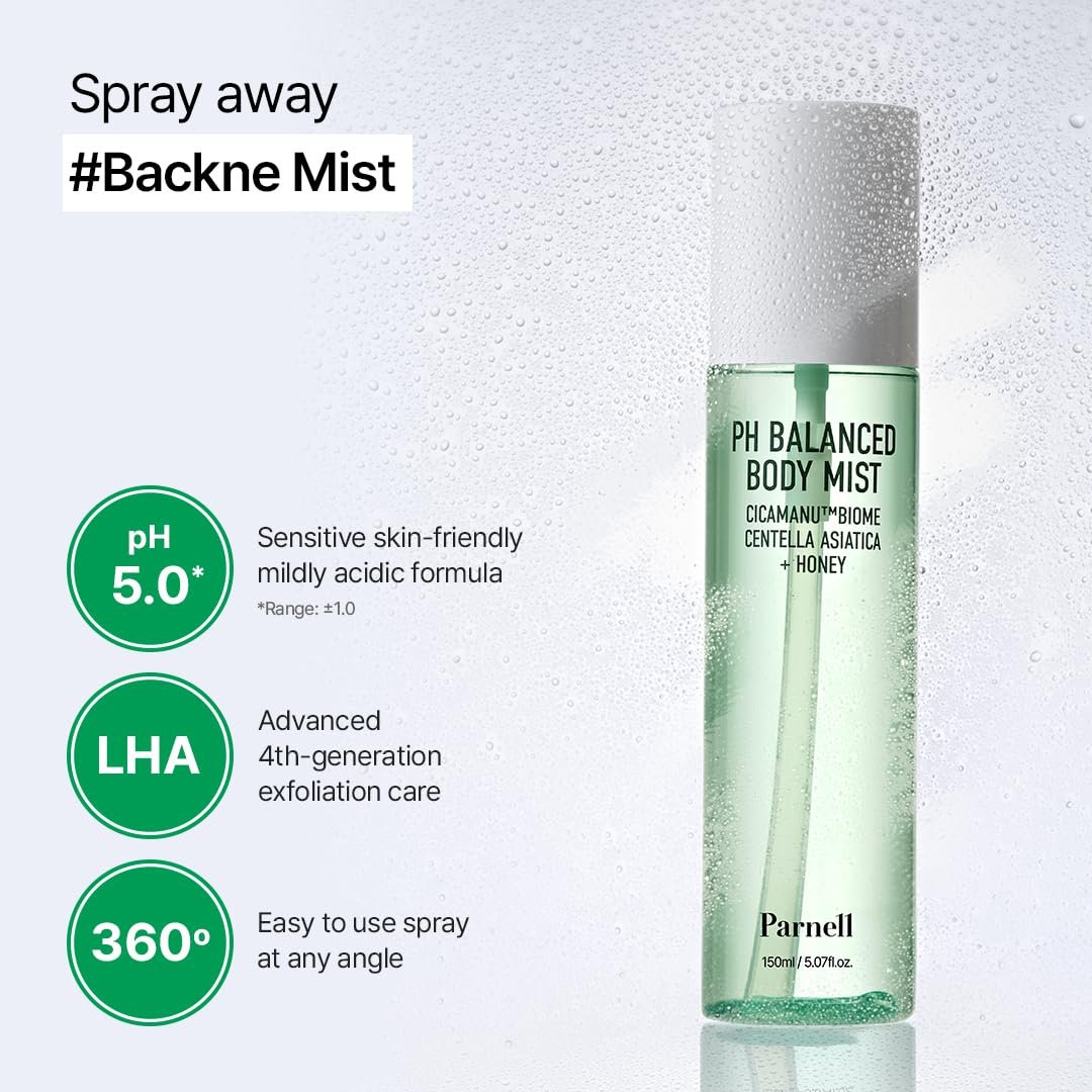 Parnell Cicamanu pH Balanced Body Mist - Centella Asiatica, Hyaluronic Acid, Ceramide, LHA, PHA - Mild Exfoliating, Soothing & Moisturizing Mist for Body (5.07 Fl Oz / 150ml) - görsel 9