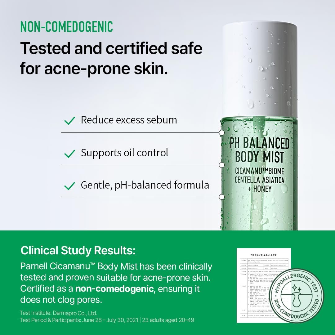 Parnell Cicamanu pH Balanced Body Mist - Centella Asiatica, Hyaluronic Acid, Ceramide, LHA, PHA - Mild Exfoliating, Soothing & Moisturizing Mist for Body (5.07 Fl Oz / 150ml) - görsel 3