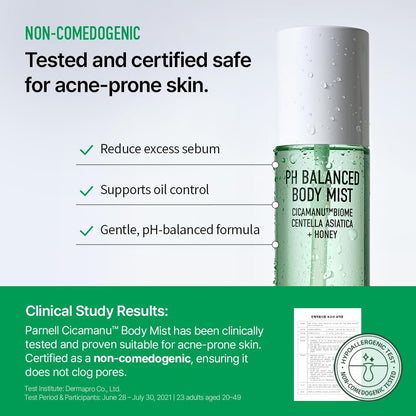 Parnell Cicamanu pH Balanced Body Mist - Centella Asiatica, Hyaluronic Acid, Ceramide, LHA, PHA - Mild Exfoliating, Soothing & Moisturizing Mist for Body (5.07 Fl Oz / 150ml)