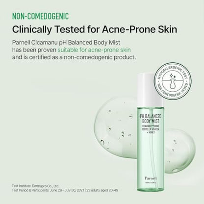 Parnell Cicamanu pH Balanced Body Mist - Centella Asiatica, Hyaluronic Acid, Ceramide, LHA, PHA - Mild Exfoliating, Soothing & Moisturizing Mist for Body (5.07 Fl Oz / 150ml)