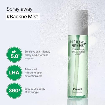 Parnell Cicamanu pH Balanced Body Mist - Centella Asiatica, Hyaluronic Acid, Ceramide, LHA, PHA - Mild Exfoliating, Soothing & Moisturizing Mist for Body (5.07 Fl Oz / 150ml)