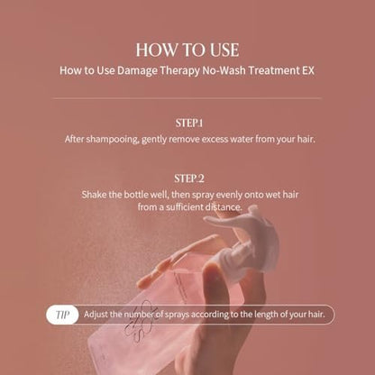 GROWUS Damage Therapy No-Wash Treatment Leave-In Conditioner Spray & Heat Protectant for Dry Damaged Hair - Anti-Frizz Detangler with Pearl Protein, Softness & Radiant Shine, 8.45 fl oz (Due Rose)