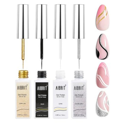 AIBRIT Gel Liner Art Polish Set 10ml - 4 Colors Black White Gold Silver Design Paint with Thin Brush in Bottle for Swirl, Euphoria French Tips Manicure Painting DIY at Home