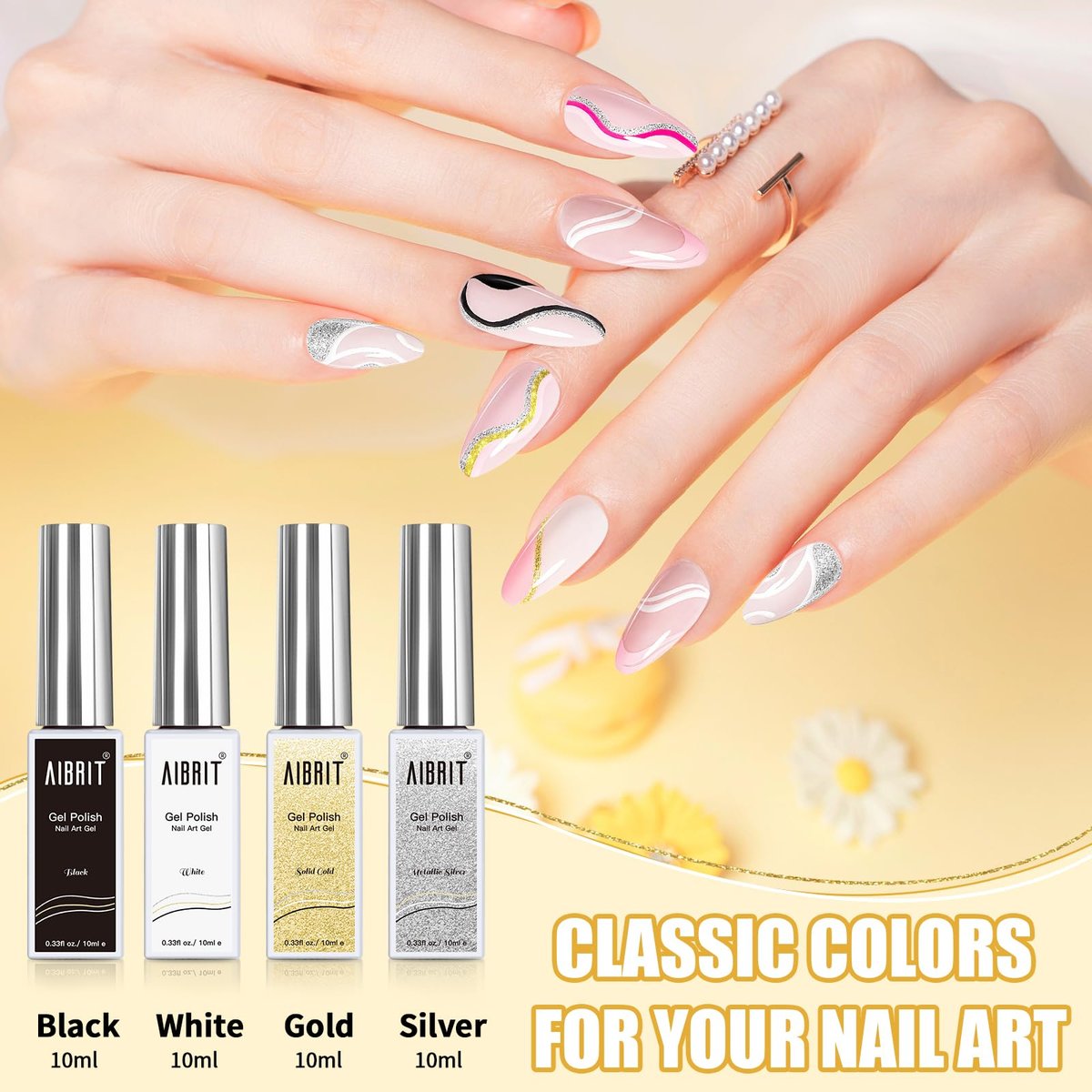 AIBRIT Gel Liner Art Polish Set 10ml - 4 Colors Black White Gold Silver Design Paint with Thin Brush in Bottle for Swirl, Euphoria French Tips Manicure Painting DIY at Home - görsel 4