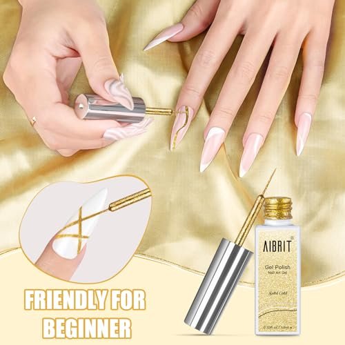 AIBRIT Gel Liner Art Polish Set 10ml - 4 Colors Black White Gold Silver Design Paint with Thin Brush in Bottle for Swirl, Euphoria French Tips Manicure Painting DIY at Home - görsel 9