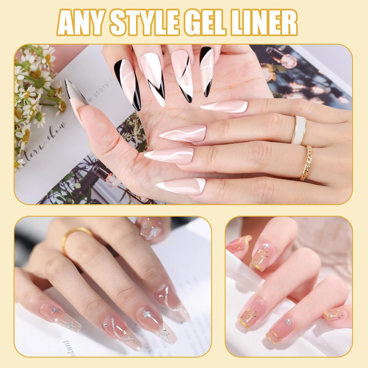 AIBRIT Gel Liner Art Polish Set 10ml - 4 Colors Black White Gold Silver Design Paint with Thin Brush in Bottle for Swirl, Euphoria French Tips Manicure Painting DIY at Home - görsel 8