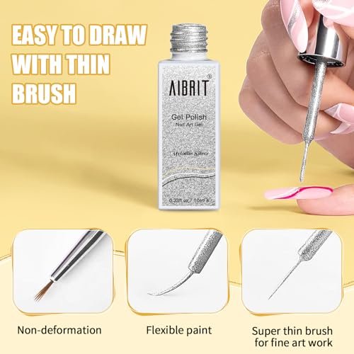AIBRIT Gel Liner Art Polish Set 10ml - 4 Colors Black White Gold Silver Design Paint with Thin Brush in Bottle for Swirl, Euphoria French Tips Manicure Painting DIY at Home - görsel 5