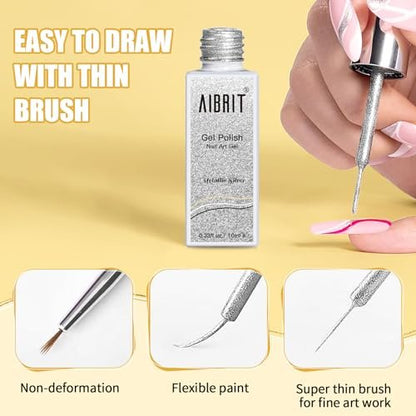 AIBRIT Gel Liner Art Polish Set 10ml - 4 Colors Black White Gold Silver Design Paint with Thin Brush in Bottle for Swirl, Euphoria French Tips Manicure Painting DIY at Home