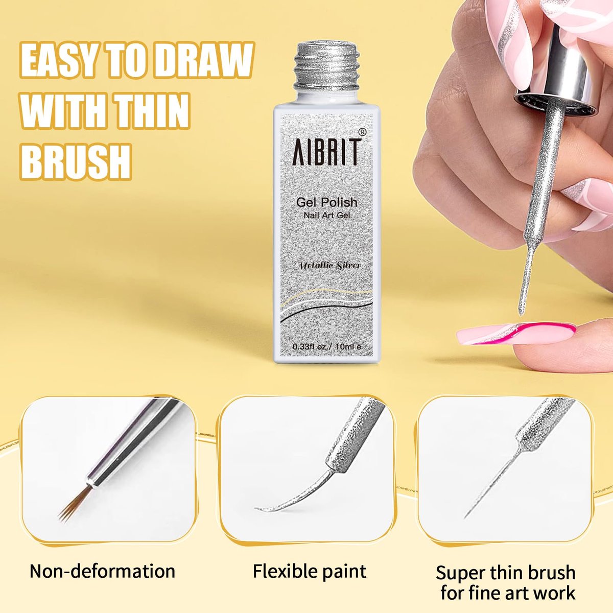 AIBRIT Gel Liner Art Polish Set 10ml - 4 Colors Black White Gold Silver Design Paint with Thin Brush in Bottle for Swirl, Euphoria French Tips Manicure Painting DIY at Home - görsel 6