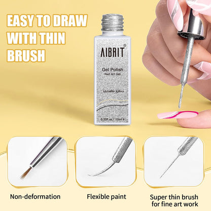 AIBRIT Gel Liner Art Polish Set 10ml - 4 Colors Black White Gold Silver Design Paint with Thin Brush in Bottle for Swirl, Euphoria French Tips Manicure Painting DIY at Home