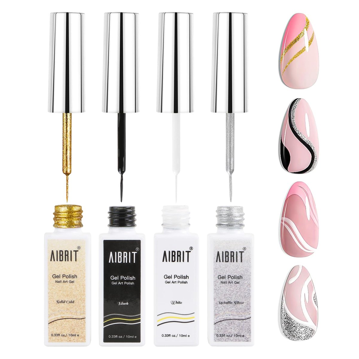 AIBRIT Gel Liner Art Polish Set 10ml - 4 Colors Black White Gold Silver Design Paint with Thin Brush in Bottle for Swirl, Euphoria French Tips Manicure Painting DIY at Home - görsel 2