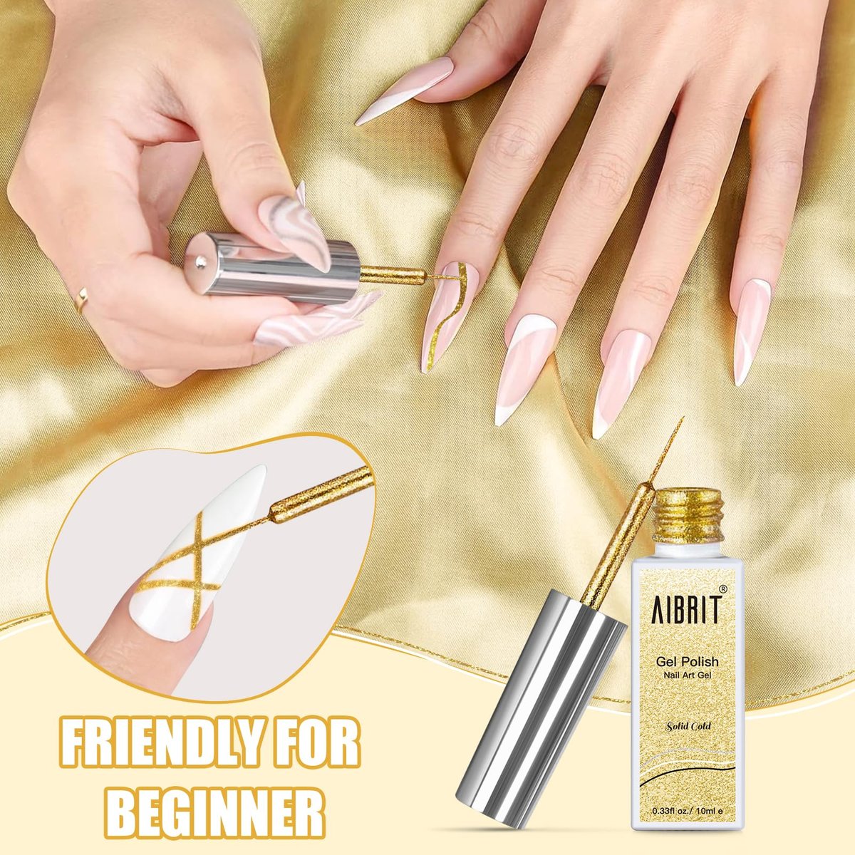 AIBRIT Gel Liner Art Polish Set 10ml - 4 Colors Black White Gold Silver Design Paint with Thin Brush in Bottle for Swirl, Euphoria French Tips Manicure Painting DIY at Home - görsel 10