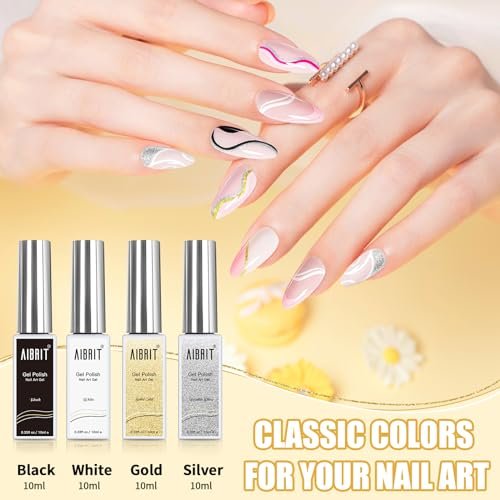 AIBRIT Gel Liner Art Polish Set 10ml - 4 Colors Black White Gold Silver Design Paint with Thin Brush in Bottle for Swirl, Euphoria French Tips Manicure Painting DIY at Home - görsel 3