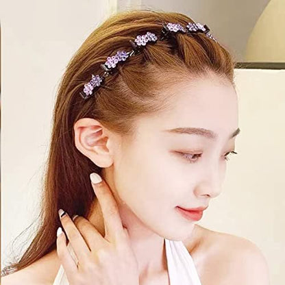 GeoGeoDIY 5-Piece Flower Crystal Hair Band Set - Double Layer Twist Plait Headbands with Clips for Women and Girls