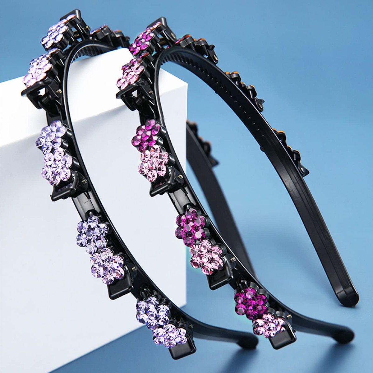 GeoGeoDIY 5-Piece Flower Crystal Hair Band Set - Double Layer Twist Plait Headbands with Clips for Women and Girls - görsel 11