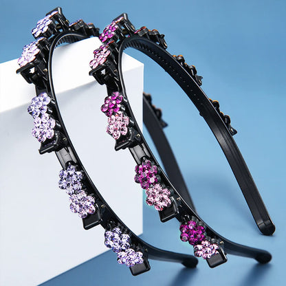 GeoGeoDIY 5-Piece Flower Crystal Hair Band Set - Double Layer Twist Plait Headbands with Clips for Women and Girls