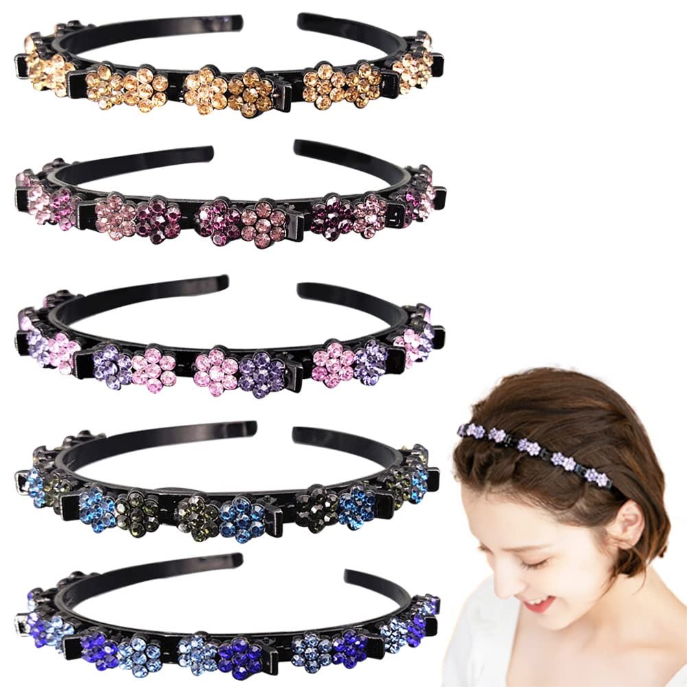 GeoGeoDIY 5-Piece Flower Crystal Hair Band Set - Double Layer Twist Plait Headbands with Clips for Women and Girls - görsel 1