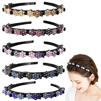 GeoGeoDIY 5-Piece Flower Crystal Hair Band Set - Double Layer Twist Plait Headbands with Clips for Women and Girls