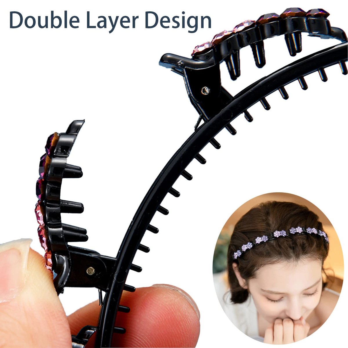 GeoGeoDIY 5-Piece Flower Crystal Hair Band Set - Double Layer Twist Plait Headbands with Clips for Women and Girls - görsel 5