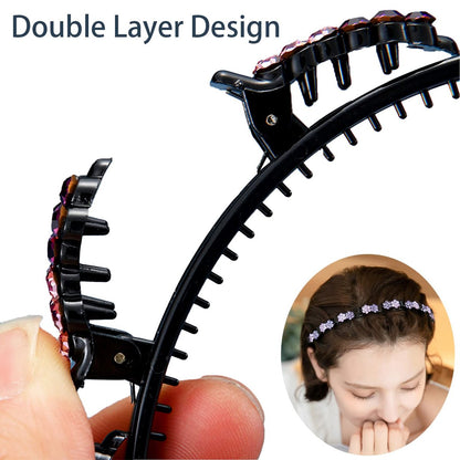 GeoGeoDIY 5-Piece Flower Crystal Hair Band Set - Double Layer Twist Plait Headbands with Clips for Women and Girls
