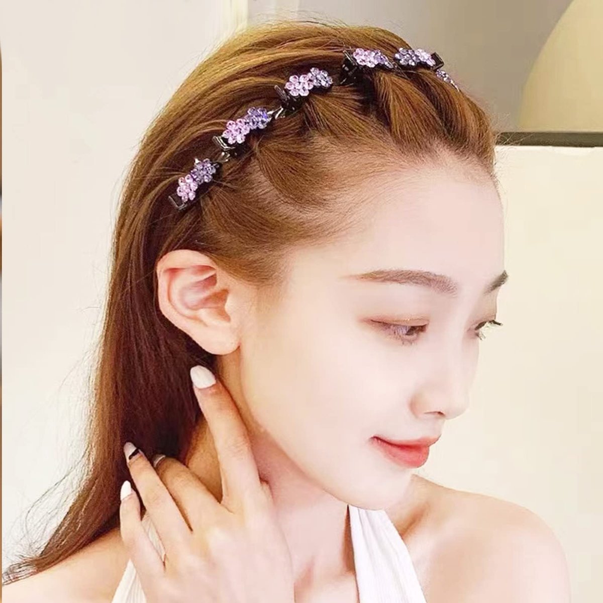 GeoGeoDIY 5-Piece Flower Crystal Hair Band Set - Double Layer Twist Plait Headbands with Clips for Women and Girls - görsel 13