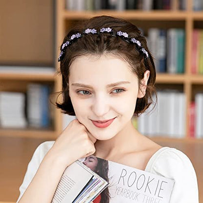 GeoGeoDIY 5-Piece Flower Crystal Hair Band Set - Double Layer Twist Plait Headbands with Clips for Women and Girls