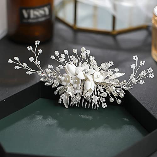 Handmade Silver Bridal Hair Comb Clip - Crystal Flower Hair Vine for Wedding Bridesmaids - görsel 13