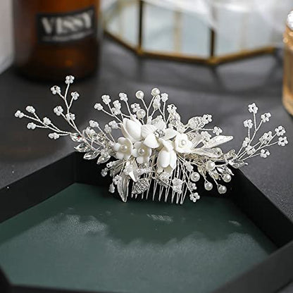 Handmade Silver Bridal Hair Comb Clip - Crystal Flower Hair Vine for Wedding Bridesmaids