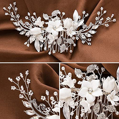 Handmade Silver Bridal Hair Comb Clip - Crystal Flower Hair Vine for Wedding Bridesmaids