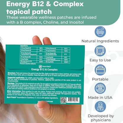 NUTRI-PATCH Energy B12 & Complex Topical Patch - B1, B2, B3, B5, B6, B12, Biotin, Choline & Inositol - 30 Count Avelisse