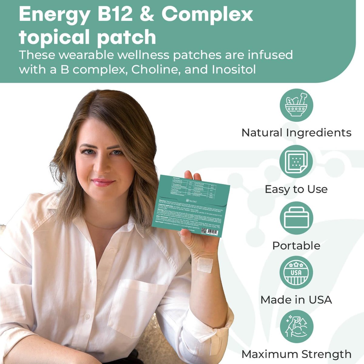 NUTRI-PATCH Energy B12 & Complex Topical Patch - B1, B2, B3, B5, B6, B12, Biotin, Choline & Inositol - 30 Count Avelisse