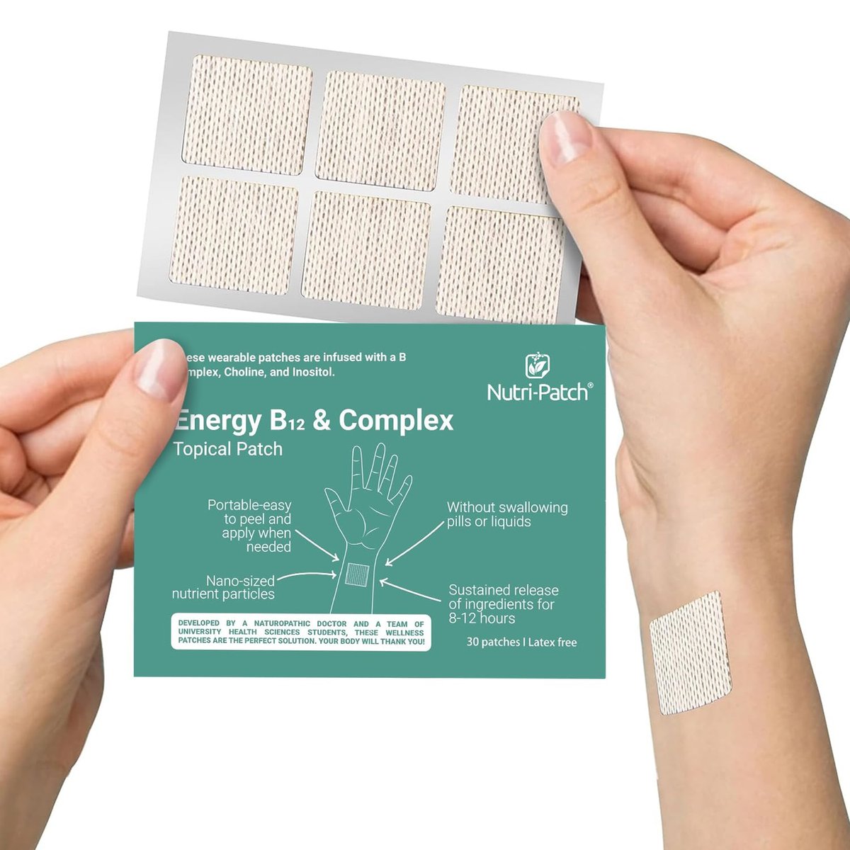 NUTRI-PATCH Energy B12 & Complex Topical Patch - B1, B2, B3, B5, B6, B12, Biotin, Choline & Inositol - 30 Count Avelisse
