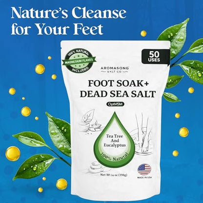 Aromasong Tea Tree Foot Soak with Dead Sea Salt & Magnesium Flakes – Refreshing Foot Bath Salts for Relaxation, Odor Control & Soft Skin (14 oz)