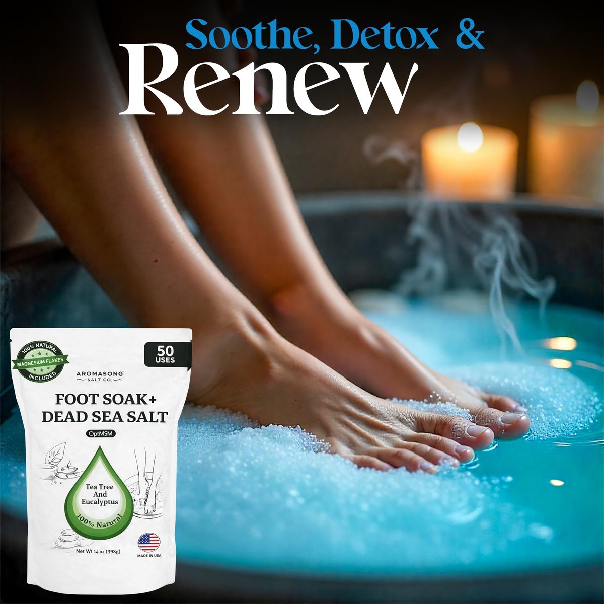 Aromasong Tea Tree Foot Soak with Dead Sea Salt & Magnesium Flakes – Refreshing Foot Bath Salts for Relaxation, Odor Control & Soft Skin (14 oz) - görsel 5