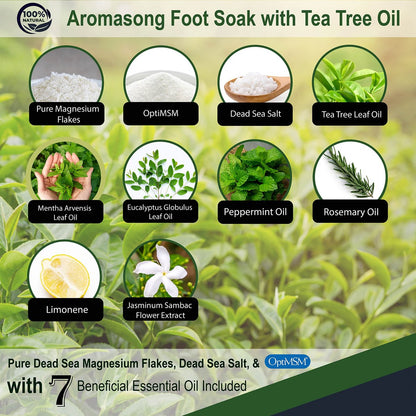 Aromasong Tea Tree Foot Soak with Dead Sea Salt & Magnesium Flakes – Refreshing Foot Bath Salts for Relaxation, Odor Control & Soft Skin (14 oz)