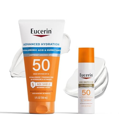 Eucerin Sun Advanced Hydration SPF 50 Sunscreen Lotion + Age Defense Face Sunscreen SPF 50, Hyaluronic Acid, Hypoallergenic, 2-Pack Avelisse