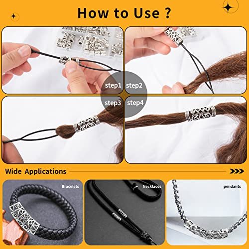 152PCS Vikings Hair Jewelry Norse Runes Tube Beads, Metal Clips Cuffs Rings - Braids Dreadlocks Accessories for Beard Decoration, Bracelets, Pendant Necklace DIY Avelisse
