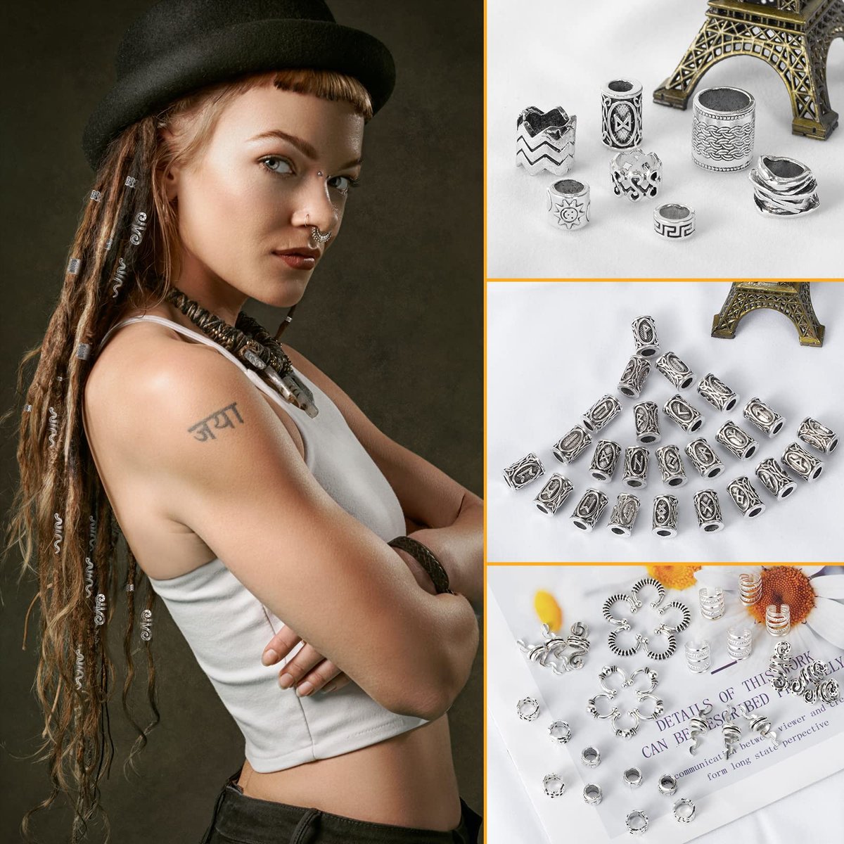 152PCS Vikings Hair Jewelry Norse Runes Tube Beads, Metal Clips Cuffs Rings - Braids Dreadlocks Accessories for Beard Decoration, Bracelets, Pendant Necklace DIY Avelisse
