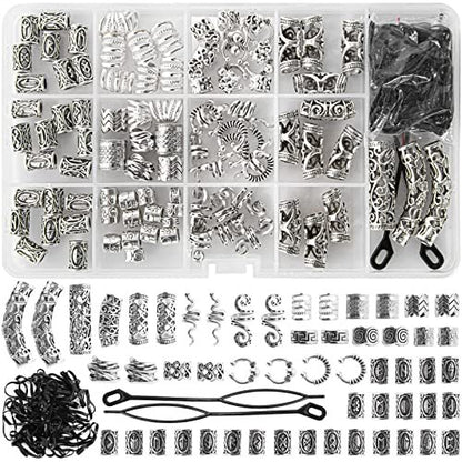 152PCS Vikings Hair Jewelry Norse Runes Tube Beads, Metal Clips Cuffs Rings - Braids Dreadlocks Accessories for Beard Decoration, Bracelets, Pendant Necklace DIY Avelisse