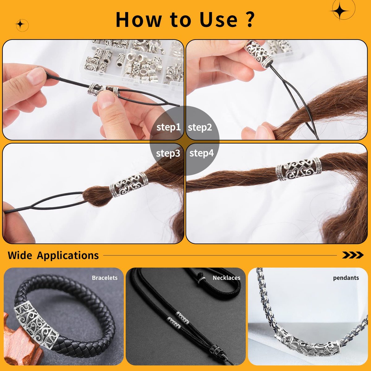 152PCS Vikings Hair Jewelry Norse Runes Tube Beads, Metal Clips Cuffs Rings - Braids Dreadlocks Accessories for Beard Decoration, Bracelets, Pendant Necklace DIY Avelisse
