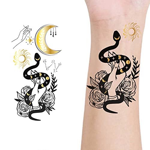 Glaryyears Metallic Gold Temporary Tattoos, 18-Pack Long-lasting Fake Tattoo Stickers, Small Size Variety Pack Realistic Tattoos for Women Adults Girls on Face Body Hand Arm Neck - görsel 4