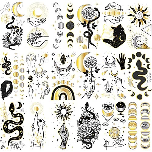 Glaryyears Metallic Gold Temporary Tattoos, 18-Pack Long-lasting Fake Tattoo Stickers, Small Size Variety Pack Realistic Tattoos for Women Adults Girls on Face Body Hand Arm Neck - görsel 2