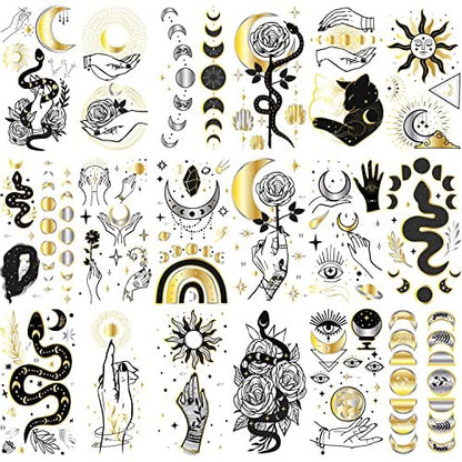 Glaryyears Metallic Gold Temporary Tattoos, 18-Pack Long-lasting Fake Tattoo Stickers, Small Size Variety Pack Realistic Tattoos for Women Adults Girls on Face Body Hand Arm Neck